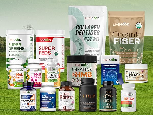 LiveGood supplement product family display including Super Greens, Super Reds, Organic Fiber, and various wellness vitamins arranged in a natural field setting for Healthy Wealth Path.